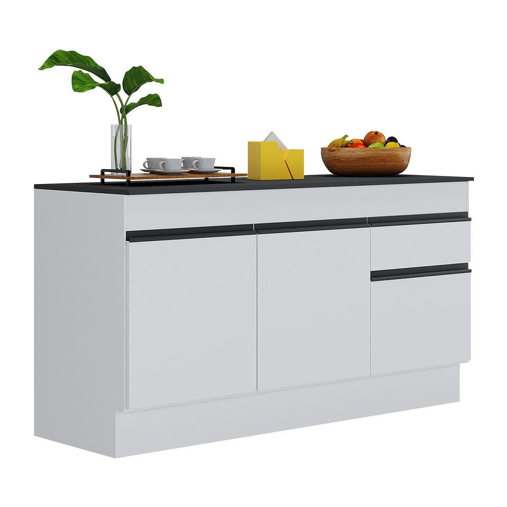 Balcão Cozinha c/ Rodapé Gabinete Pia 150cm 3 Ptas 1 Gav Veneza Multimóveis MP2107.964 Branco/Preto em Oferta na Shopee