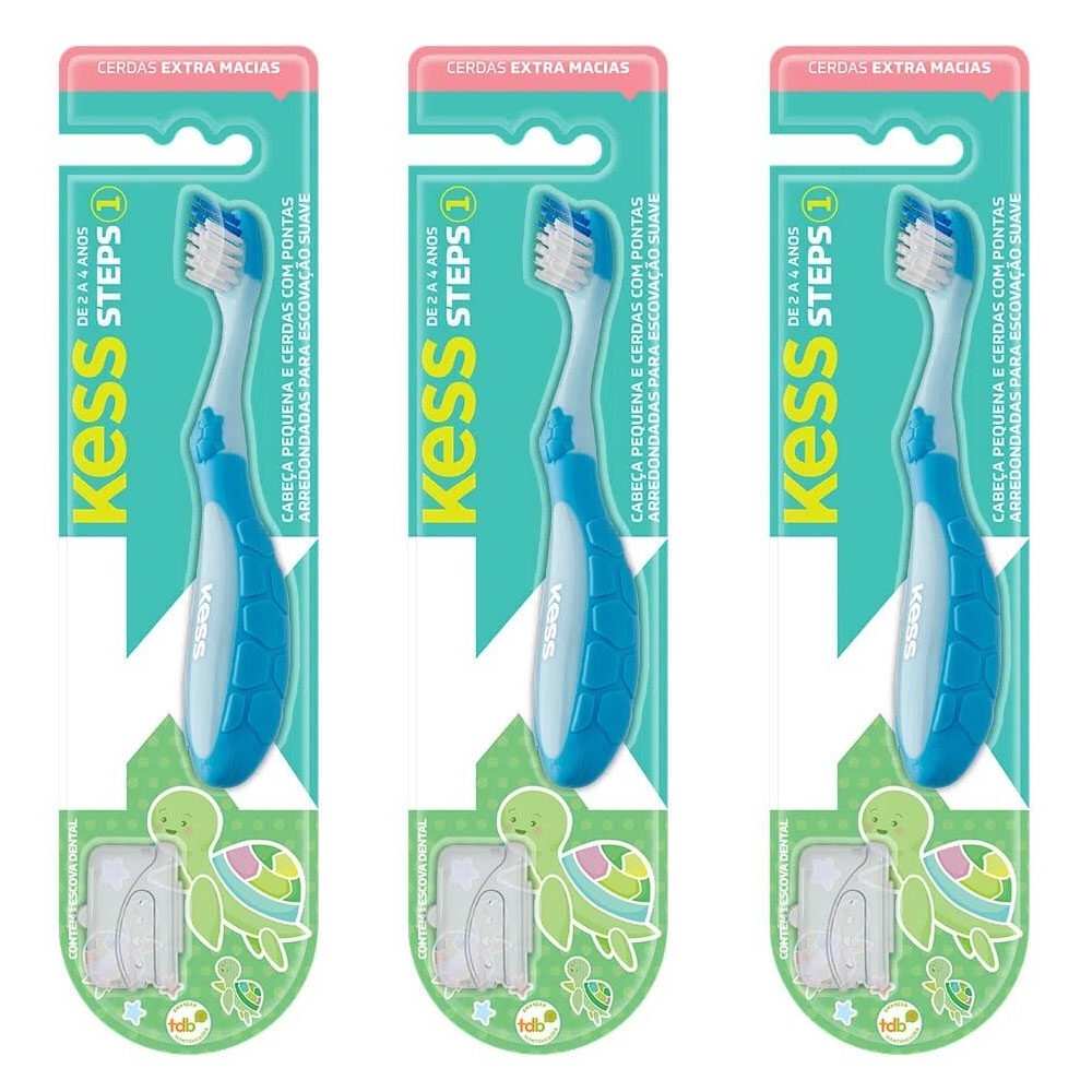 Kit 3 Escovas Dentais Infantil Kess Steps 1 Azul