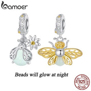 BAMOER 925 Sterling Silver Novo Desenho De Contas De Insetos Brilham À Noite , Moscas-Fogo , Abelhas Pingentes Divertidos Para Pulseiras
