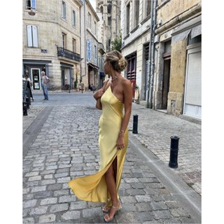 ZARA Summer New Yellow Satin Dress Luxury Feeling Open Back Férias De Vestido Longo
