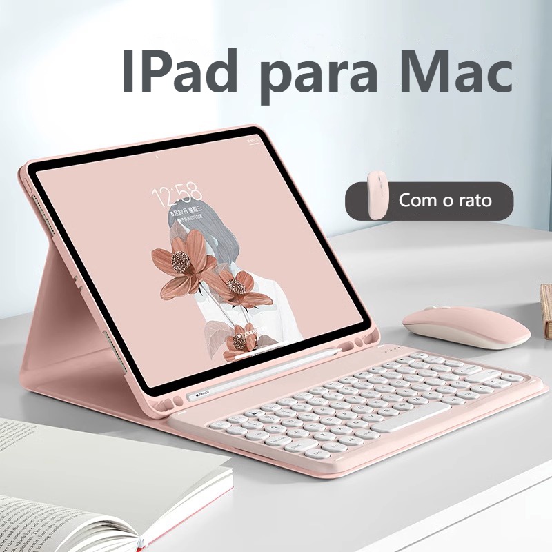 Capa de teclado para Samsung Galaxy Tab S8 Ultra S7 Plus FE S6 Lite A8 A7 com mouse sem fio Capinha Fólio destacável Botão redondo retro Estojo bonito com porta-lápis