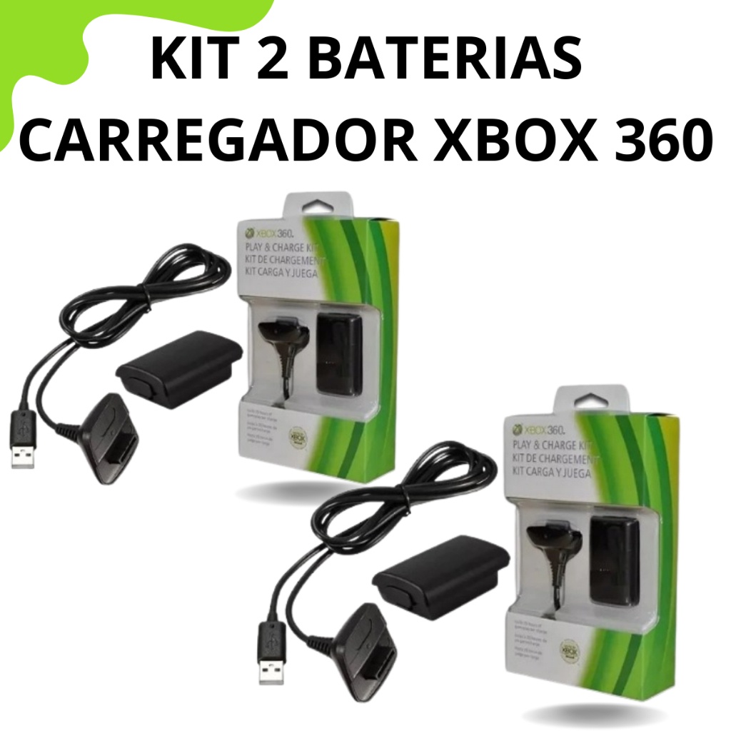 Kit 2 Carregadores Baterias + cabos Xbox 360 Fio controle 88000mAH