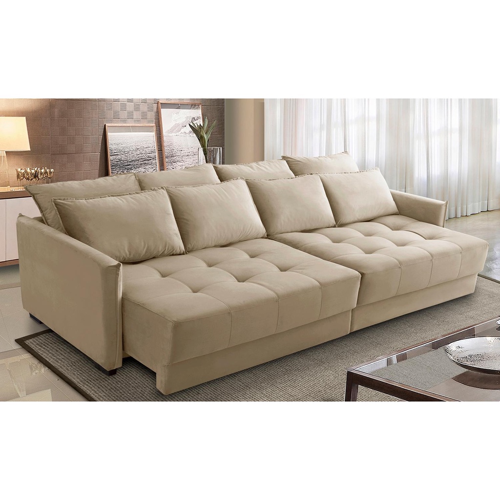 Sofá Cama Retrátil e Reclinável 2,30m com Molas Carol Veludo Bege Adonai Estofados - Home & Living