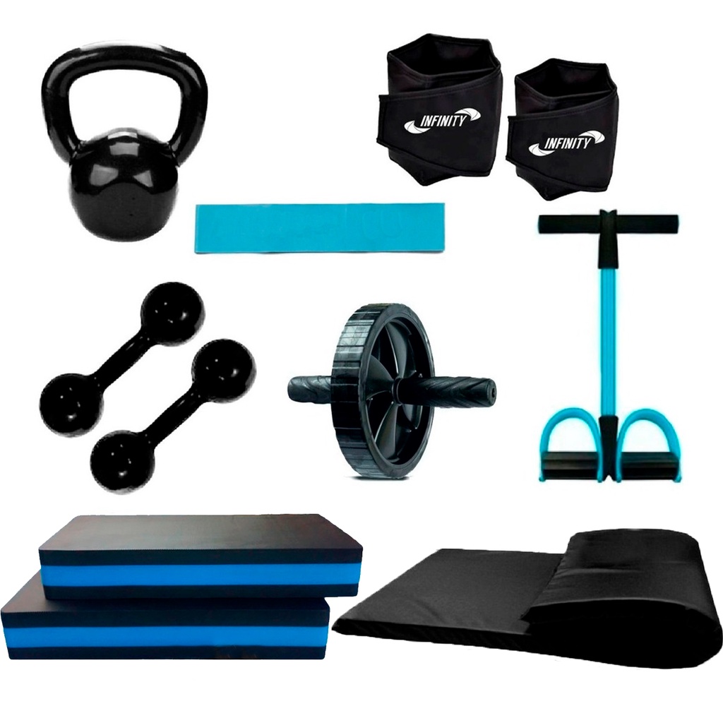 Kit Treino Aeróbico Fitness - Par Halter Emborrachado 2kg + Par de Caneleira + Extensor + Roda  Abdominal + 2 Step +Mini Band + Kettlebell + Colchonete