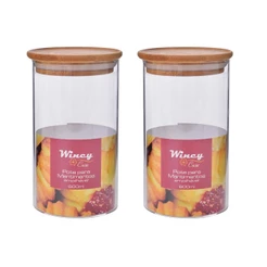 Kit 2 Potes De Vidro Para Mantimentos Redondo 600ml Com Tampa Bambu