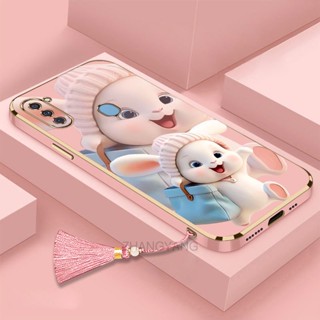 Caixa Samsung a11 Cute Phantom Colorful Rabbit Plating Silicone De Borda Reta Com Cordão Tassel