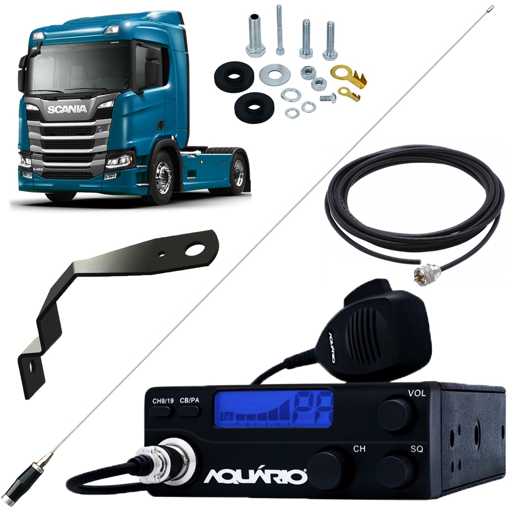 Rádio Px Antena Mini Maria Mole Inox 1,40m Cabo 5,5m Suporte Parabrisa Scania Parafusos