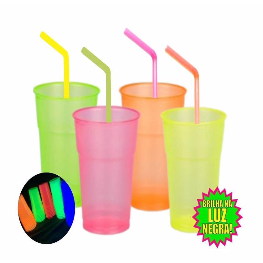 Copo Descartavel Neon 100 Unid + Canudo Festa Neon 80 Unid em Oferta na Shopee