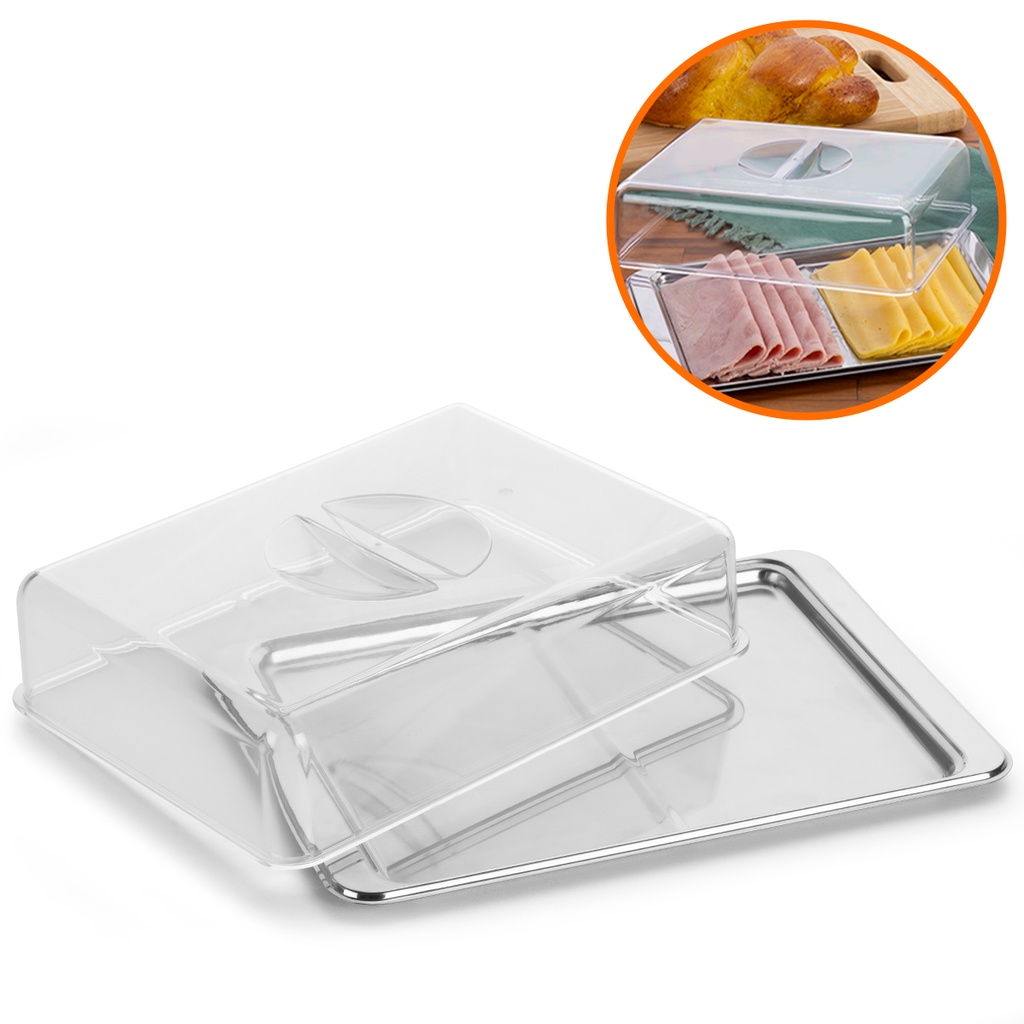 Porta Frios Multiuso Bandeja Inox 2 Divisórias Porta Mantimentos Queijo  Presunto Salame Embutidos e Fiambre