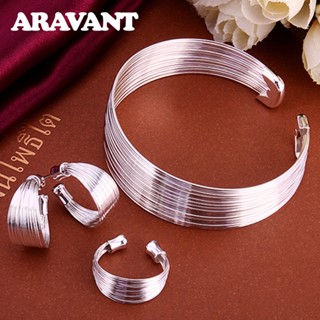 Aravant 925 Prata Simples Multi Linha Anéis Abertos Conjunto De Brincos Para Jóias De Casamento Femininas