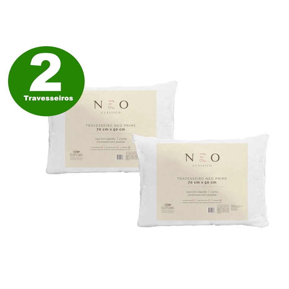 Kit 02 Travesseiros Neo Prime Ecopluma 100% Algodão 233 Fios Travesseiro Camesa 50x70 Pluma de Ganso