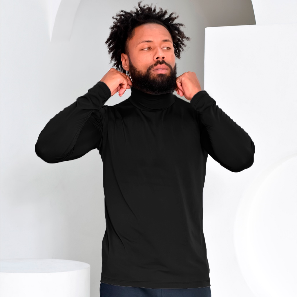 Camiseta Gola Alta Preta Cacharrel Proteção UV Camisa Térmica Masculina Segunda Pele Manga Longa
