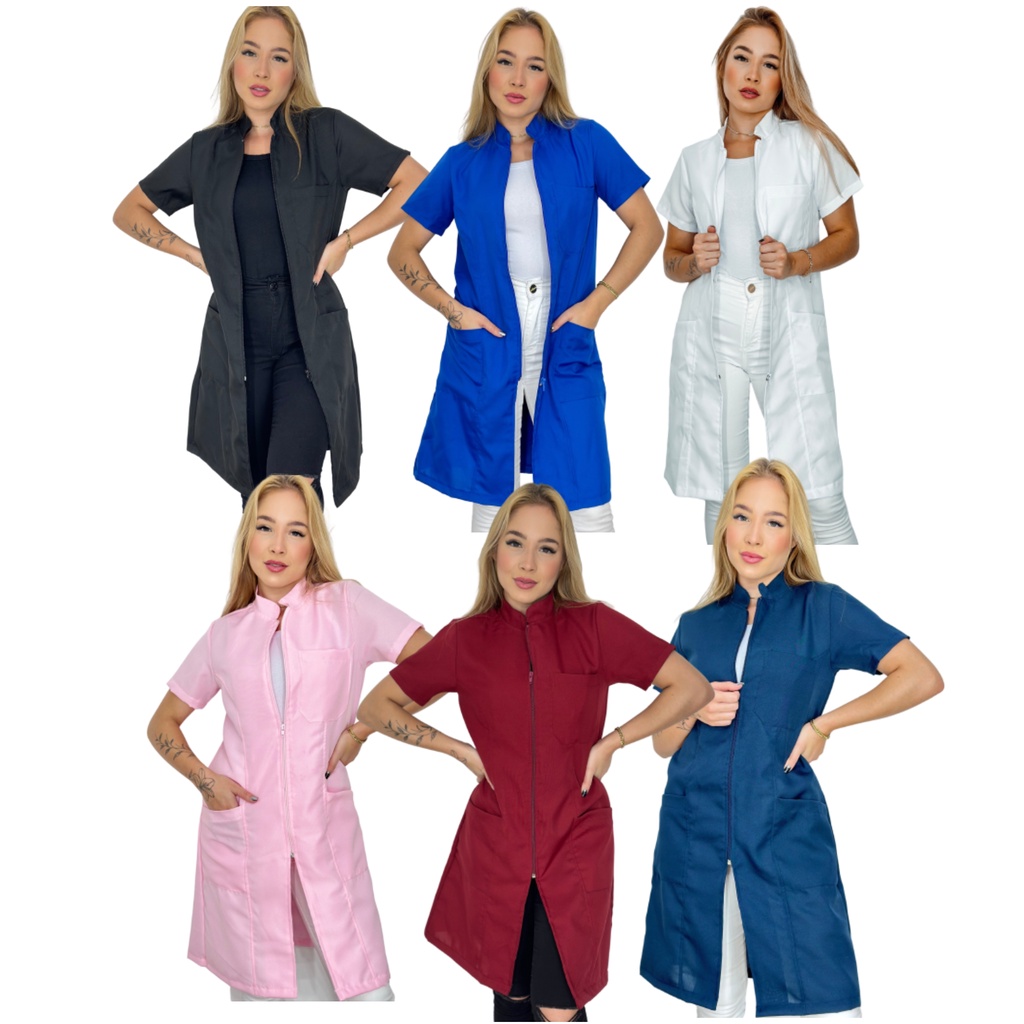 Jaleco Feminino Oxford Ziper, Manga Curta, Acinturado, Varias Cores