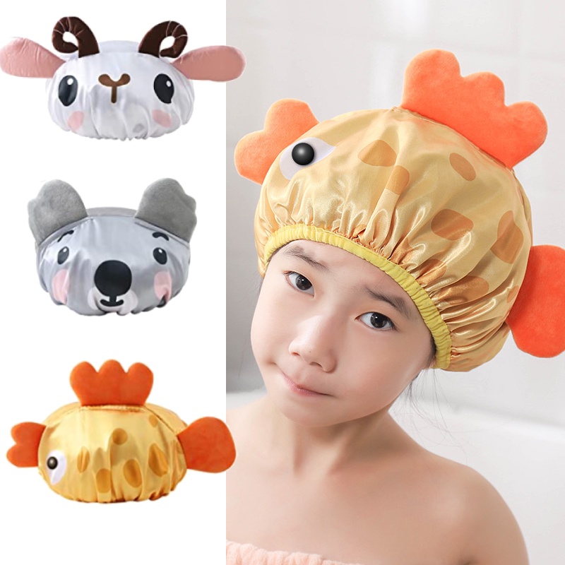 Touca de banho infantil Touca de banho de desenho animado à prova d'água de camada dupla para meninos e meninas