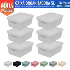 Kit 6 Cestos Caixa Organizadora c/ Tampa 28x19 5L Gaveta Armário Organização de Casa Lavanderia
