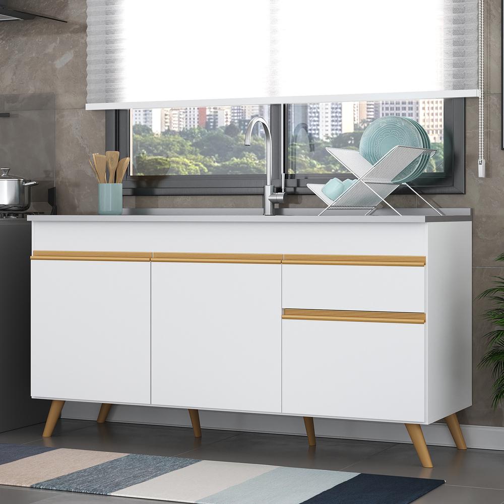 Balcão Cozinha Gabinete Pia 150 cm 3 Portas 1 Gaveta Veneza GW Multimóveis MP2072 Branco - Home & Living