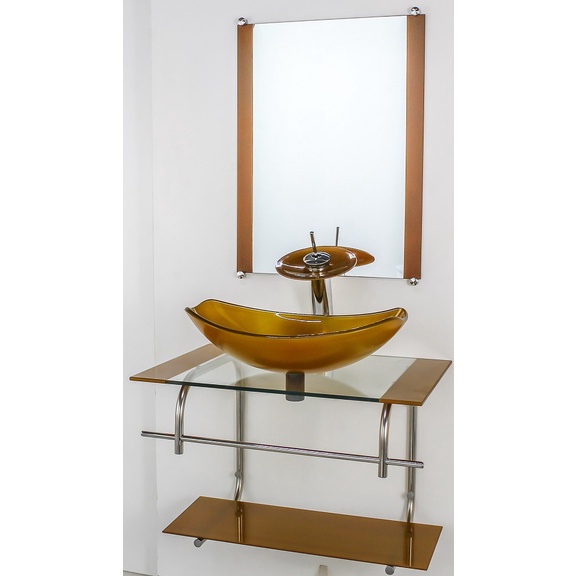 GABINETE DE VIDRO PARA BANHEIRO INOX 60CM CUBA OVAL CHANFRADA DOURADO REAL
