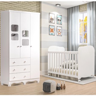 Quarto de Bebê Completo Uli com Guarda Roupa 3 Portas 3 Gavetas e Berço Americano Móveis Peroba