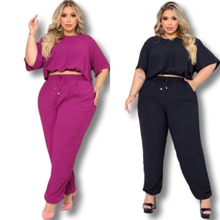 Conjunto Plus size Feminino Calça + Blusa Manga Curta Crepe Dunas G1 G2 G3