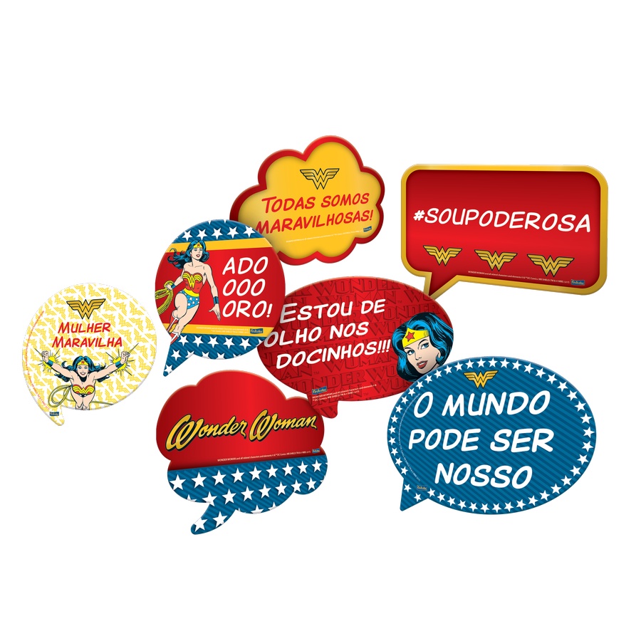 Kit Plaquinhas Divertidas Festa Mulher Maravilha - 09 unidades - Festcolor - Rizzo Festas