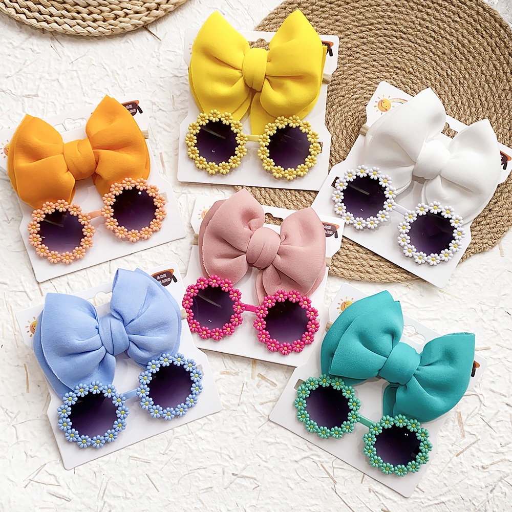 2Pcs/Set Small Daisy Flower Óculos De Sol Cor Sólida Baby Headband Bohemia Beach Kids Bows Headwear Acessórios De Cabelo