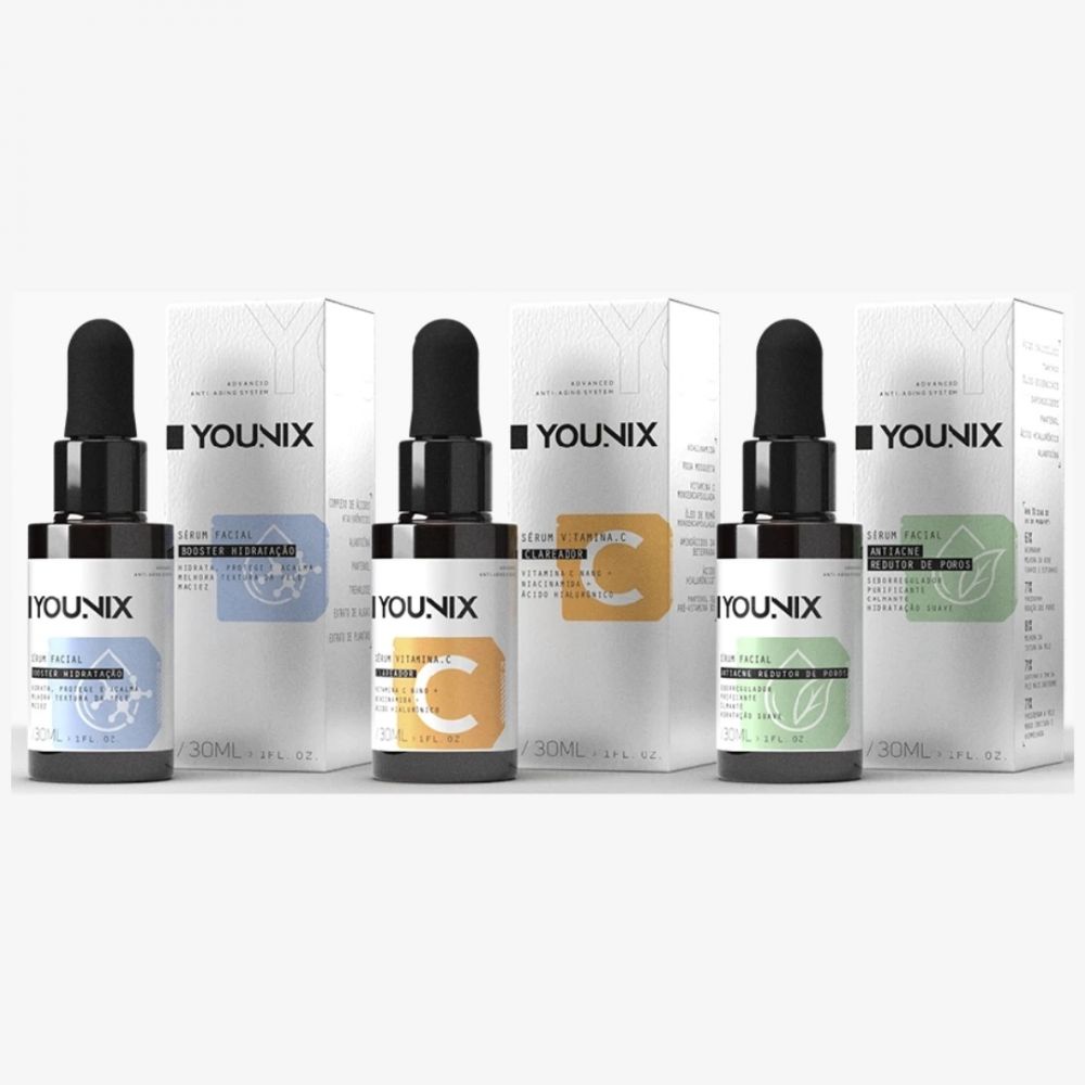 Sérum Facial Younix Clareador+ Hidratação + Antiacne 30ml Cada- Kit com 3 Unidades