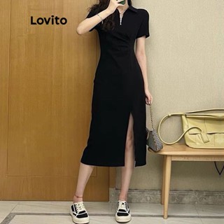 Lovito Casual Vestido Feminino Liso de Manga Curta com Fenda na Coxa LNA11111 (Preto)