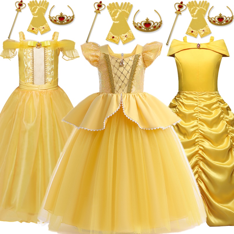 Cosplay Vestido De Princesa Para Meninas Bebê Crianças Roupas De Festa Coroa Luvas Amarelo Traje