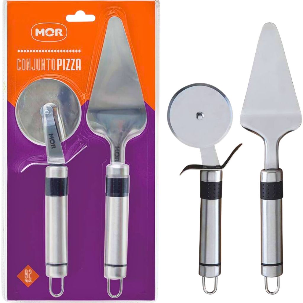 Conjunto Para Pizza 2 Peças Espátula e Cortador Aço Inox 003325 - Mor em Oferta na Shopee