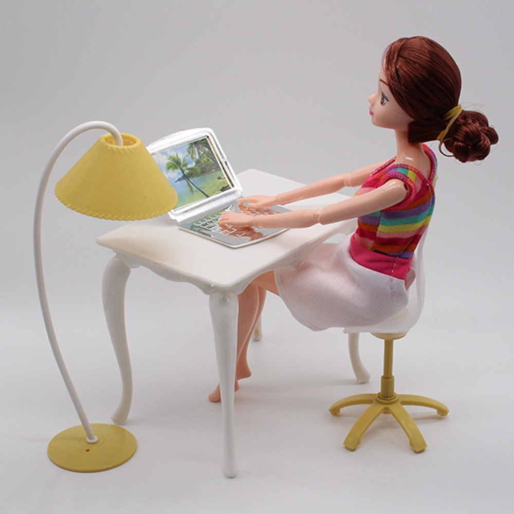 30cm Boneca Móveis, Computador Cadeira de Mesa Pretend Play Toy Mesa Cadeira Desk Lamp Computador 4 Peças