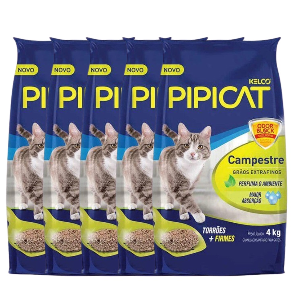 Kit 5 Areias Sanitárias P/ Gato Kelco Pipicat Campestre 4Kg