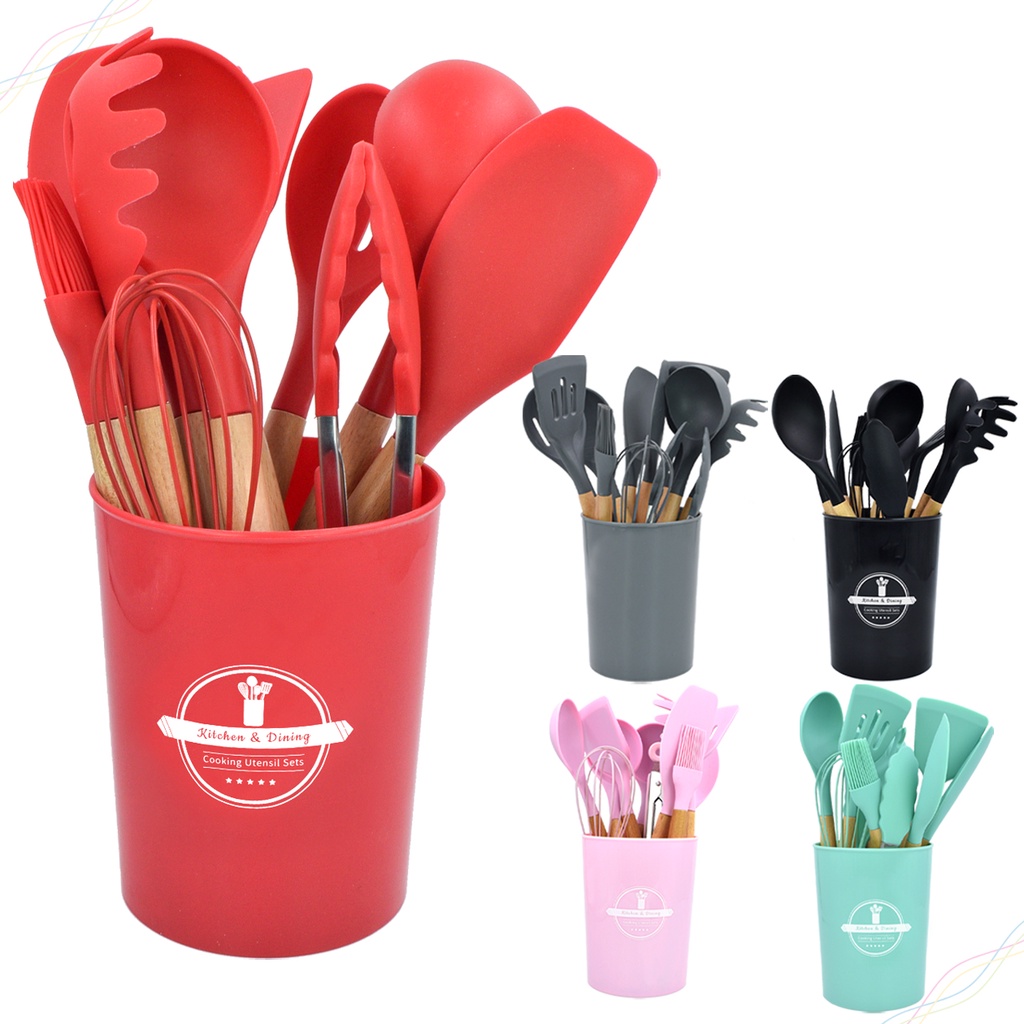 Kit Utensílios de Cozinha em Silicone e Cabo Madeira 12 Peças com Organizador