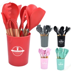Kit Utensílios de Cozinha em Silicone e Cabo Madeira 12 Peças com Organizador