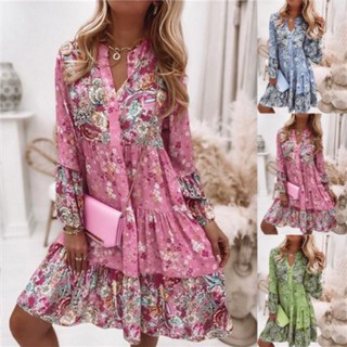 Vestido De Primavera Verão Outono Novo Estilo Manga Longa Impresso Feminino De Pescoço Em V Temperamento Plus