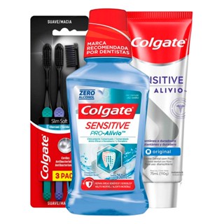 Kit Creme Dental Sensitive Pro-Alívio 110g + Enxaguante Bucal Sensitive Pro-Alívio 250ml + Escova Dental Slim Soft Black 3un