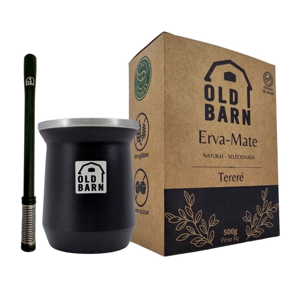 Kit Tereré Old Barn Preto Cuia De Alumínio Parede Dupla 300ml Bomba De Mola Externa 1 Erva 500g