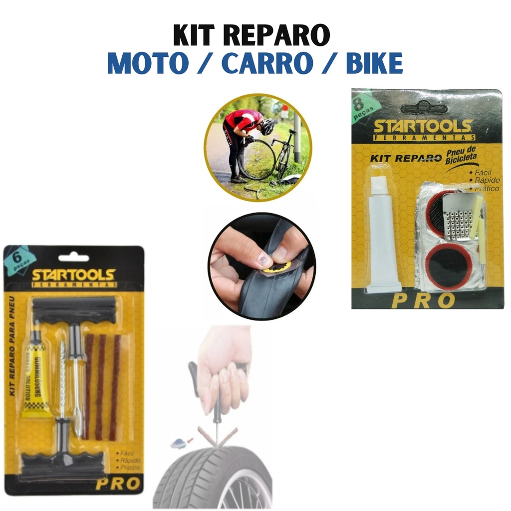 Combo Kit reparo pneu Remendo Profissional Carros Motos e Bicicletas Completo Emergências de pneus, Preparado para qualquer situação, Alta qualidade, Facilidade de uso, Praticidade, Economia de tempo e dinheiro, mala,bicicleta Reparo pneumático, Emergên