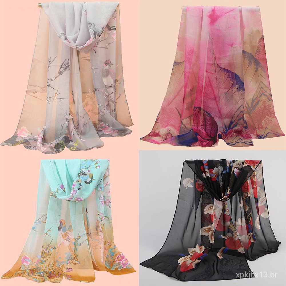 Lenço de seda feminino com estampa de chiffon clássico de 50cm x 155cm B1N5