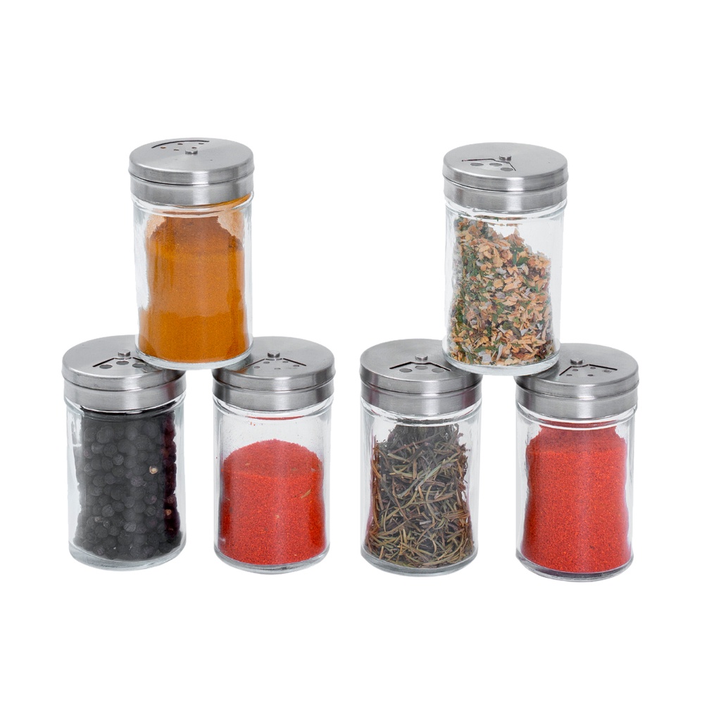 kit 6 Porta temperos com tampa giratória inox e vidro 90ml - Mozcada em Oferta na Shopee