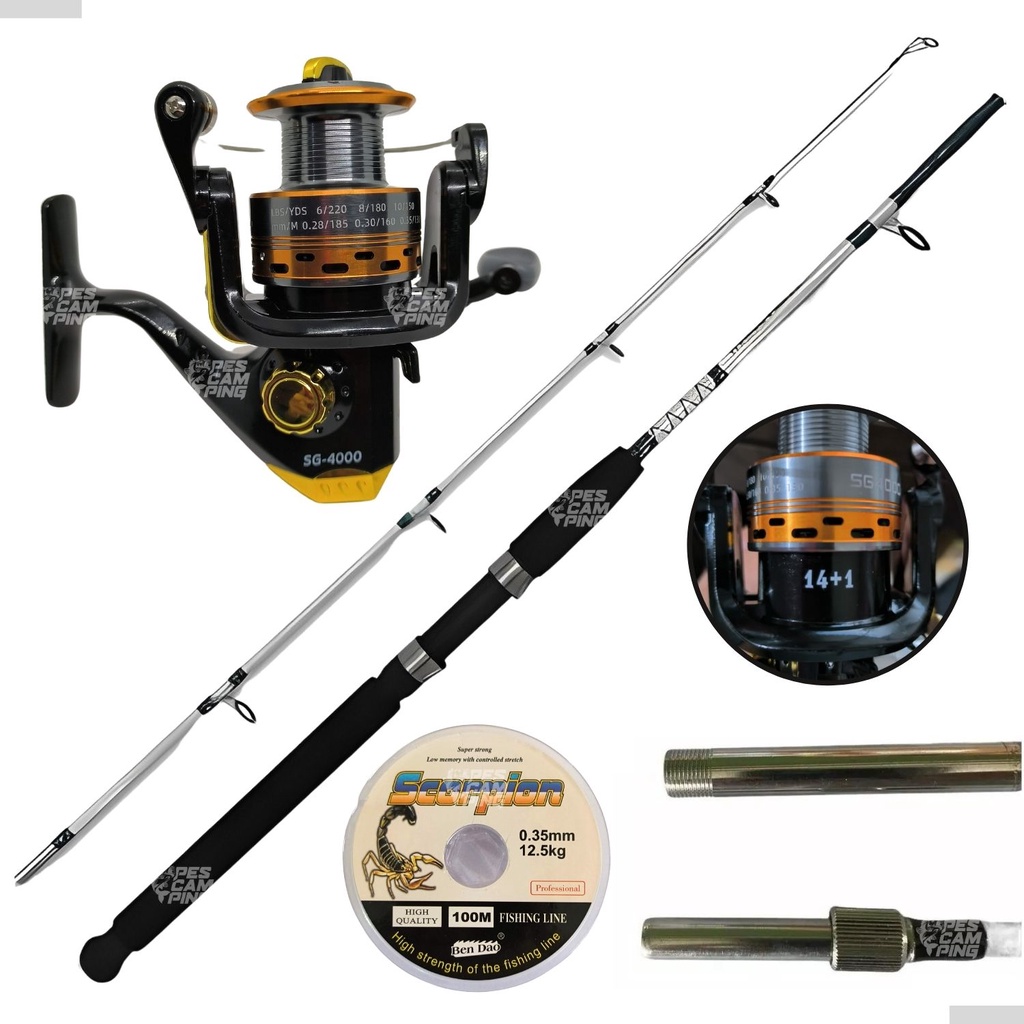 Kit de Pesca Pesada Vara Maciça 35 Lbs + Molinete 4000 15 Esferas No Rolamento e Com 100m de linha