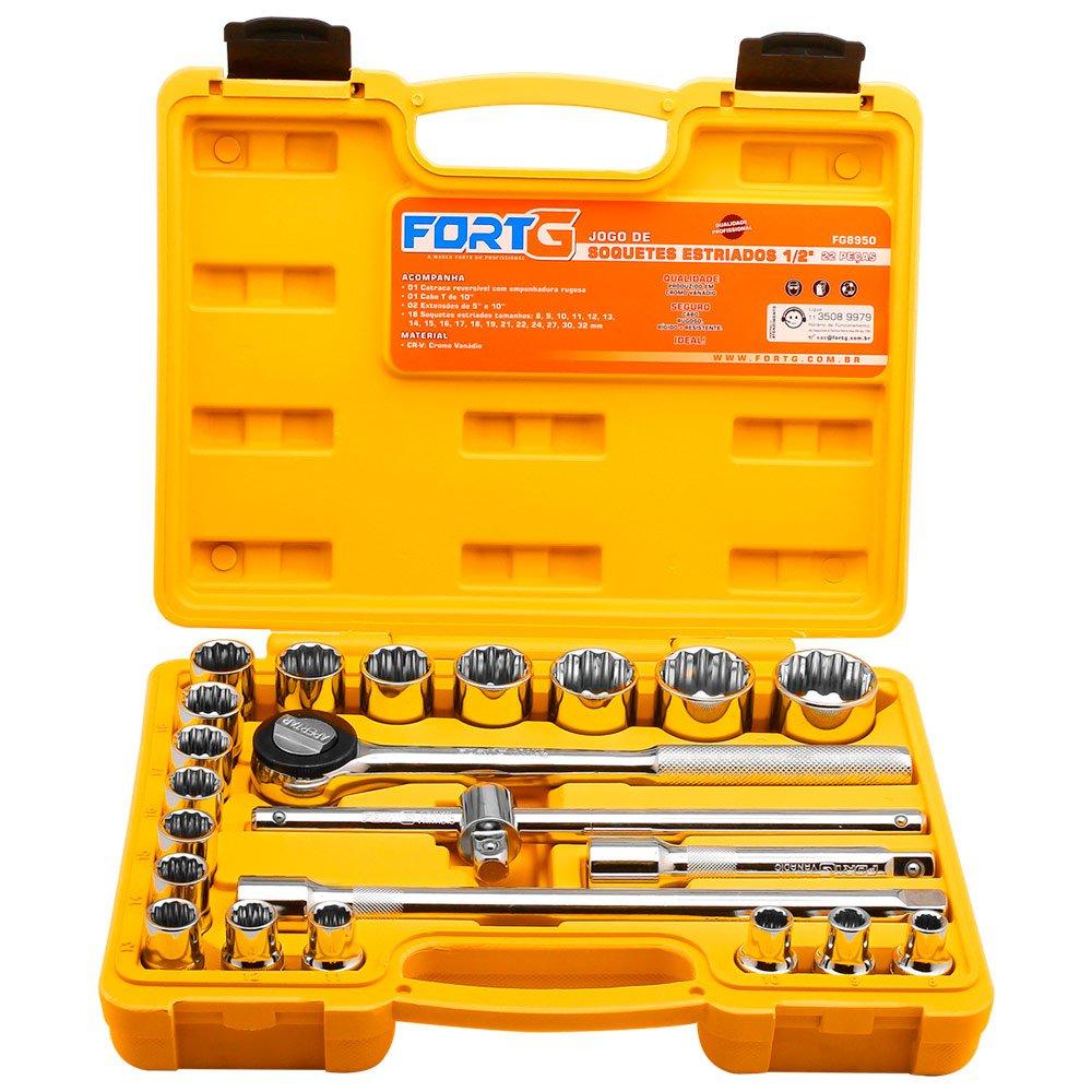 Jogo de Soquetes Estriados de 1/2 Polegadas com 22 Peças FortG em Oferta na Shopee
