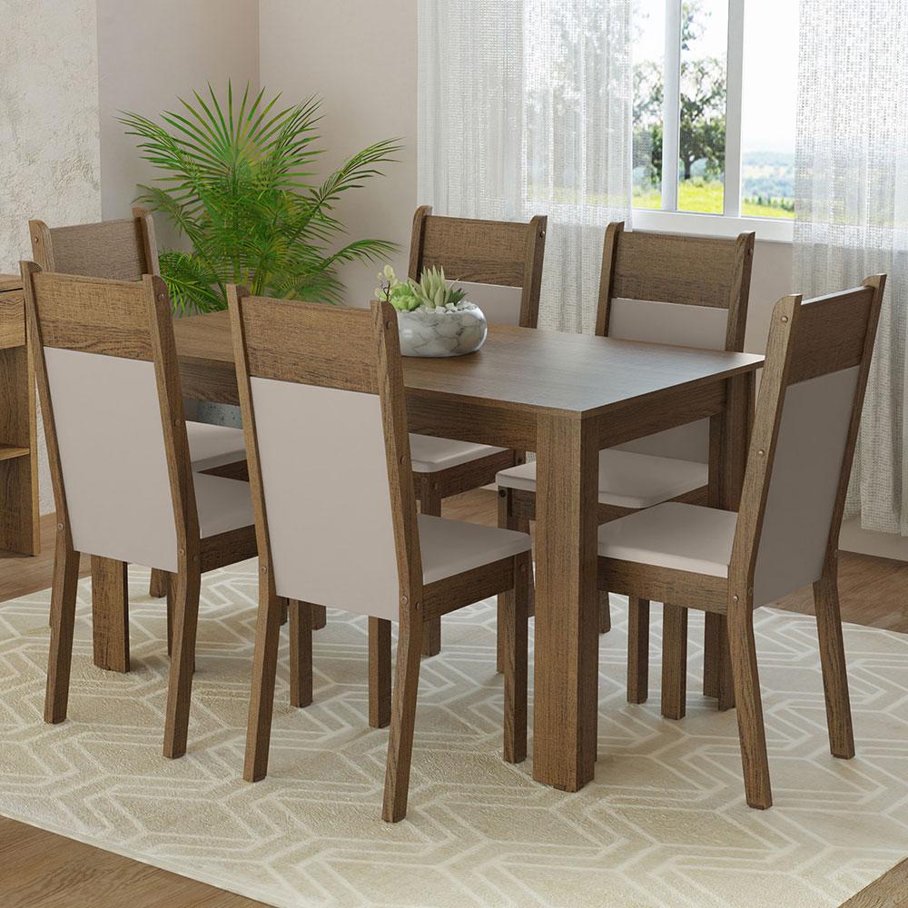 Conjunto Sala de Jantar Mesa Tampo de Madeira 6 Cadeiras Rustic/Crema/Bege Bahamas Madesa - Home & Living