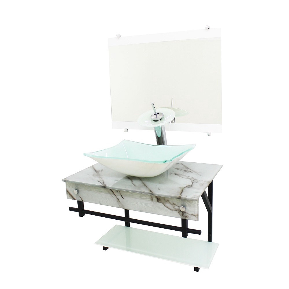 GABINETE DE VIDRO 60CM APX COM CUBA QUADRADA MÁRMORE BRANCO