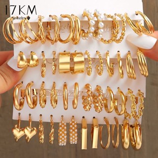 17KM Brincos Vintage Gold Hoop Pearl Twist Heart Snake Geometry Drop Oil Butterfly Para Acessórios Mulher Jóias