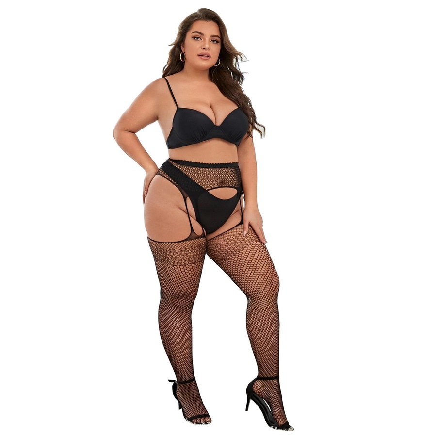 Meia feminina 7/8 social executiva cinta liga fixa lingerie meia-calça arrastão plus size abertura intima mc91112205plus