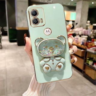 Capa De Luxo Para Telefone Eletroplatada Moto Motorola G53 G73 Cute Quicksand Liquid Bear Bracket Proteção Da Câmera Anti-Queda