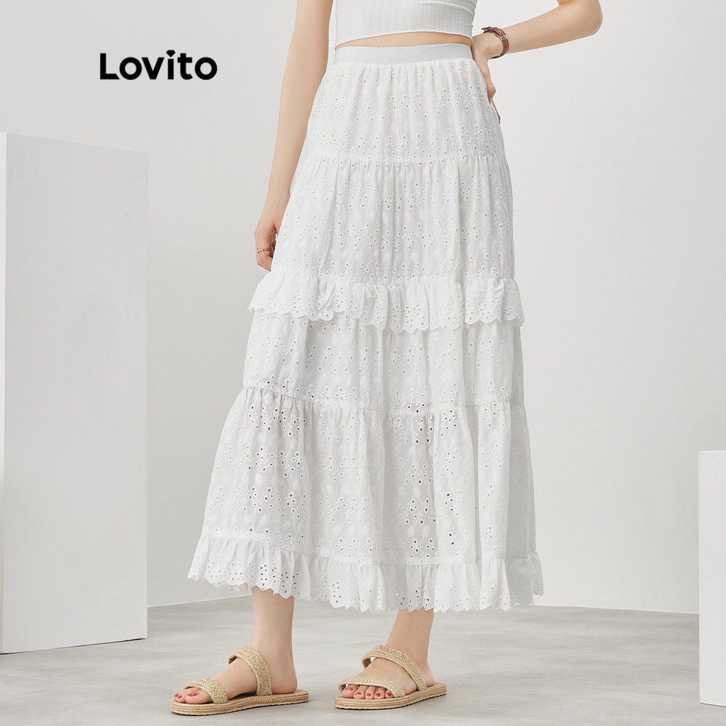 Lovito Saias Boho Com Babados Lisos E Bainha De Alface Com Acabamento Em Saia Evasê Para Mulheres L52AD142 (Branco) - Women Clothes