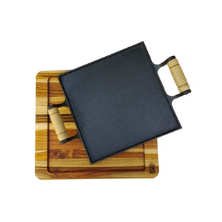 Kit Tábua de Madeira e Chapa de 25cm de Ferro Fundido Para Preparar e Servir Porção Bifeteira em Oferta na Shopee