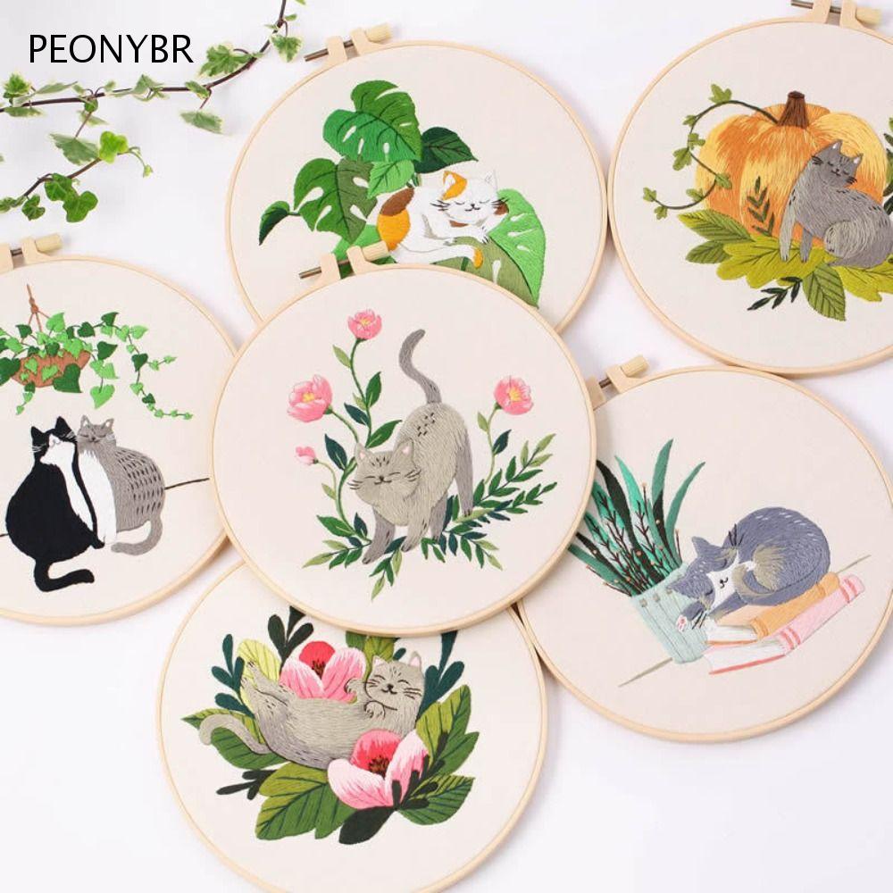 PEONYHOME Kit De Ponto Cruz , Aro De Bordado Com Padrão De Gato , Kits DIY , Acessórios De Costura em Oferta na Shopee