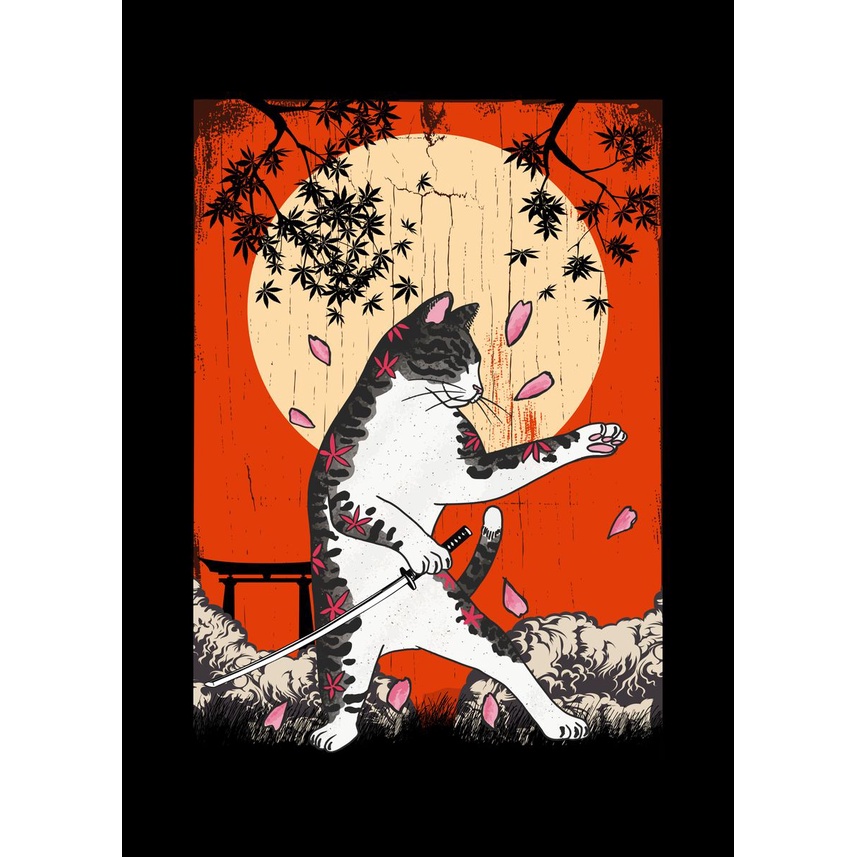 Quadro Decorativo Samurai Sakura Guerreiro, decoração, gato samurai, gatinho, lua, vermelho,